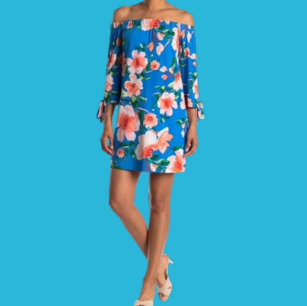 Vince Camuto Blue Floral Off Shoulder Shift Dress Size 6